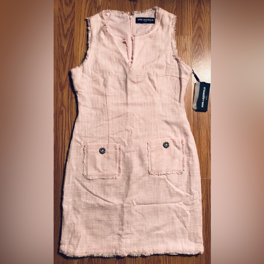 Karl Lagerfeld Pink Tweed Sleeveless Dress Frayed Edge w Pockets Size 10 NWT